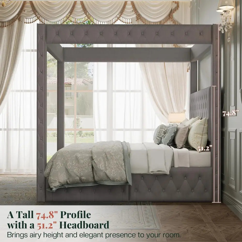 holstered Canopy Bed Frame Queen Size with 74.8 Tall Four Poster and Velvet DeepTufted Tall Headboard with Charging Station M