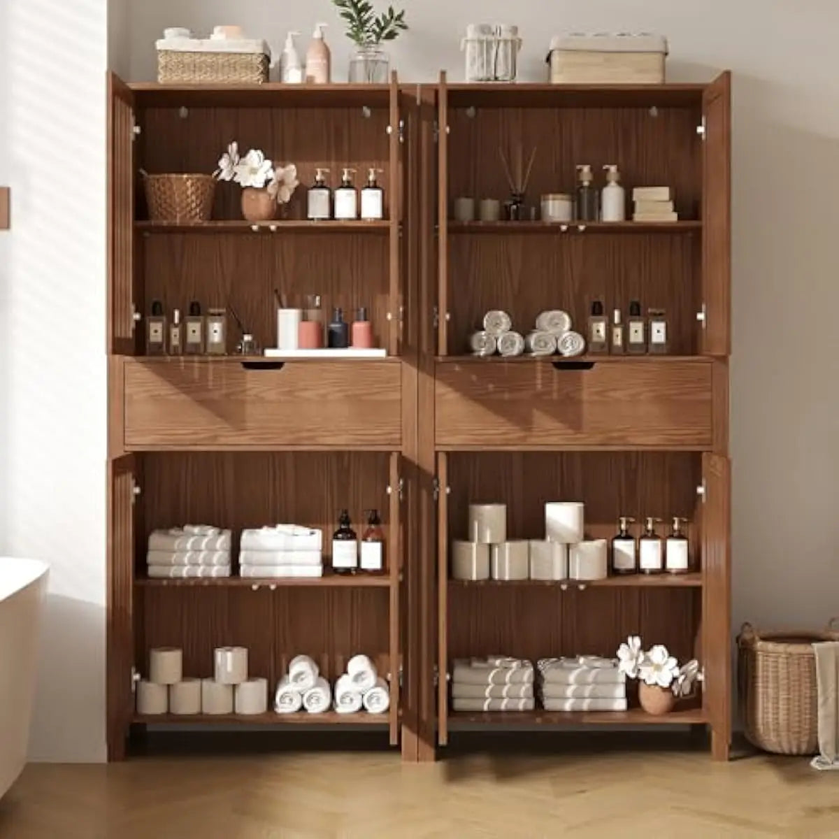 Set of 2 Warm Brown Farmhouse Storage Units – 68.8 Inch Tall with Grille-Front Doors, Adjustable Shelves, Deep Drawer, Elevated
