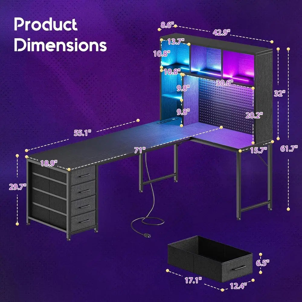 L Shaped Gaming Desk With Hutch, Pegboard, Shelves, LED Lights