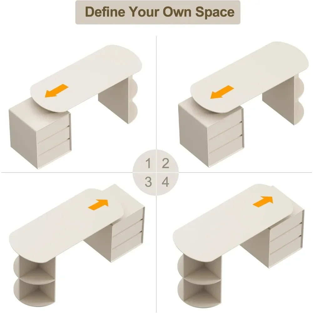 Desk with Drawers, 55inch Home Office White Desk with Drawers and Storage Shelves, Cream White Desk Modern Simple Style