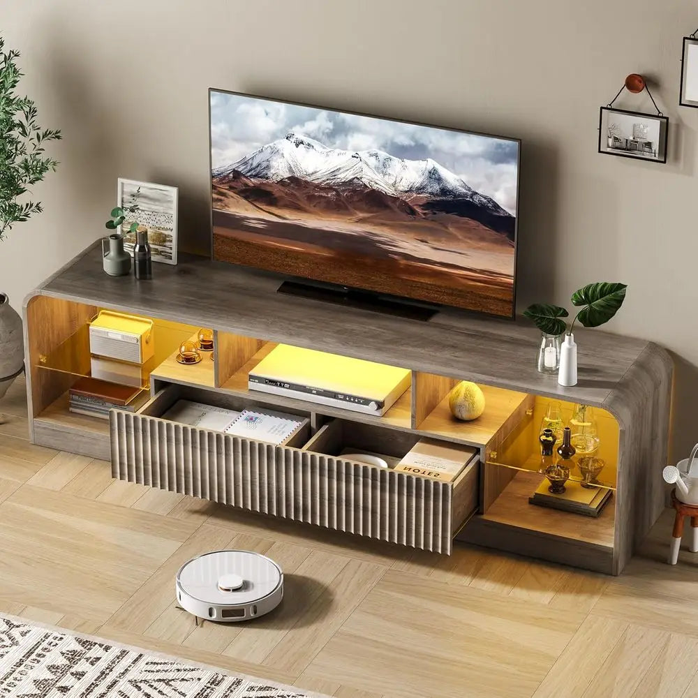 TV Stand or 60/65/70 Inch TVs, ern Curved TV ole with LED Lights, 2 Ders & Glass Shelves, Living Room Entertainment Center