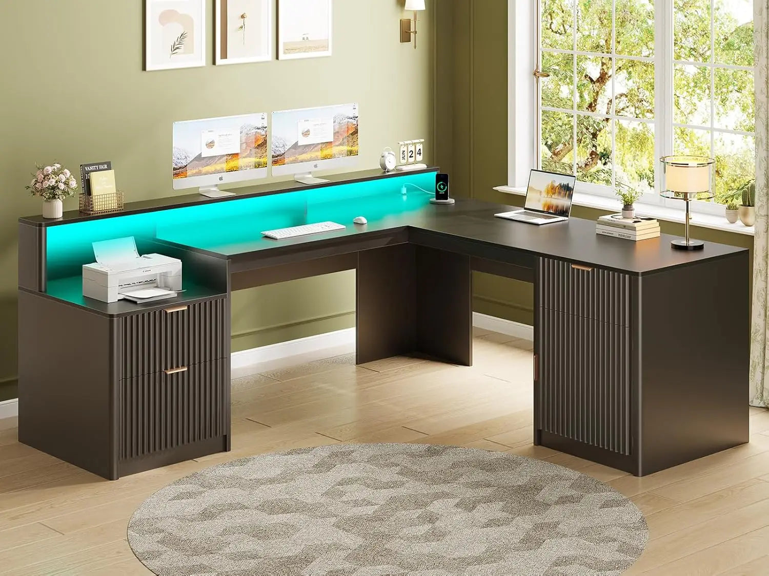 66" Modern L-Shaped Office Desk with Drawers, File Cabinet, Monitor Stand & Power Outlets - Ergonomic Home Office Furniture