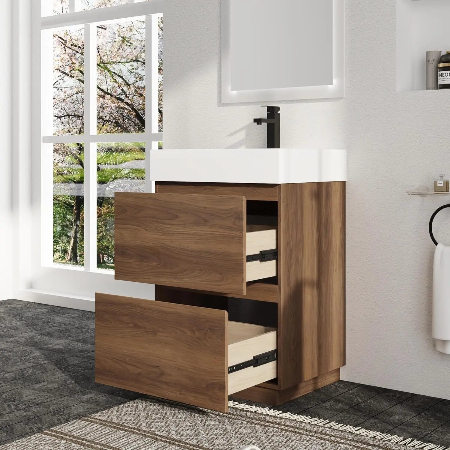 24 Inch Freestanding Bathroom Vanity with Resin Sink, Double Drawer Soft Close Storage Cabinet Basin Top Combo,, Customized