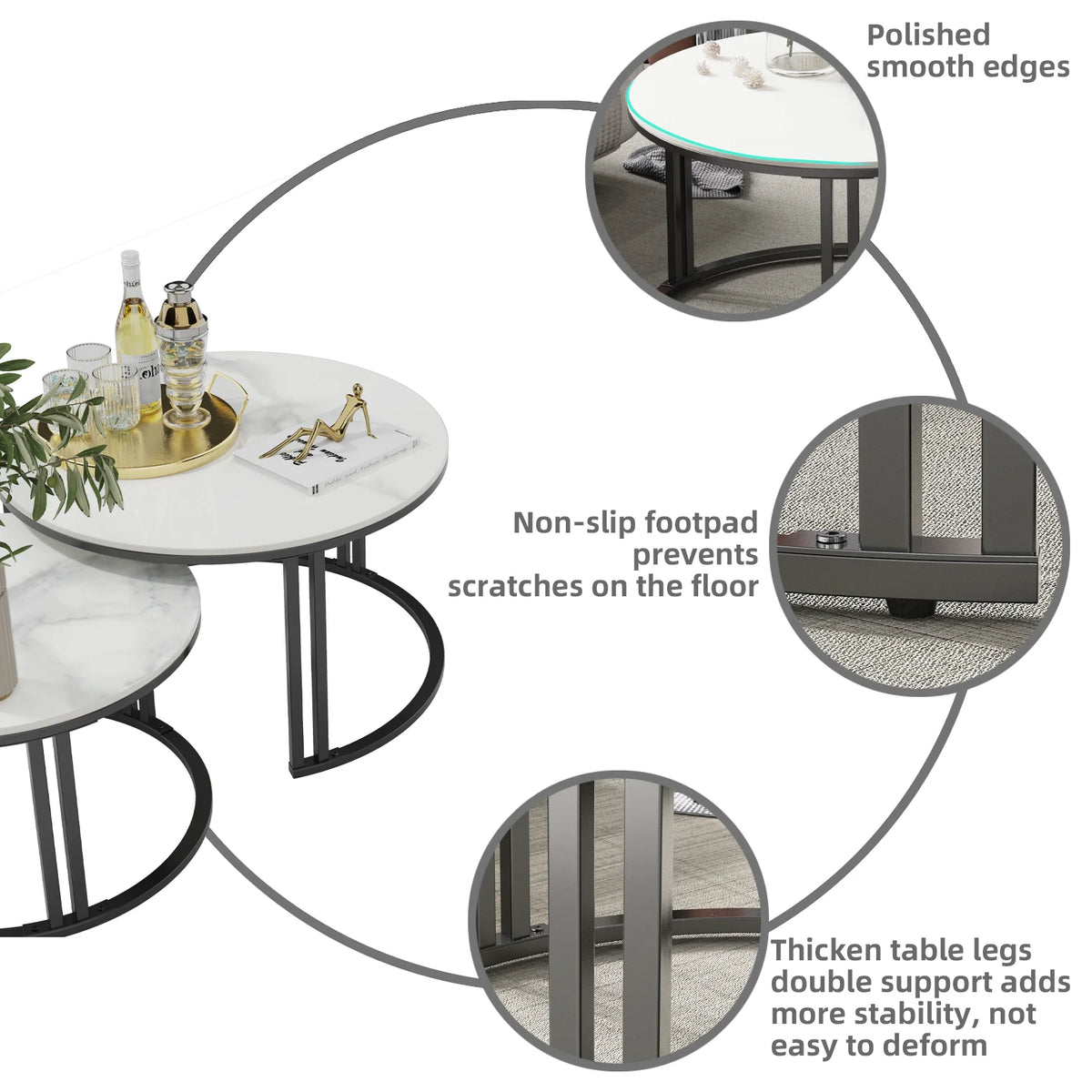 Modern Nesting Coffee Tables Set of Two with Metal Frames