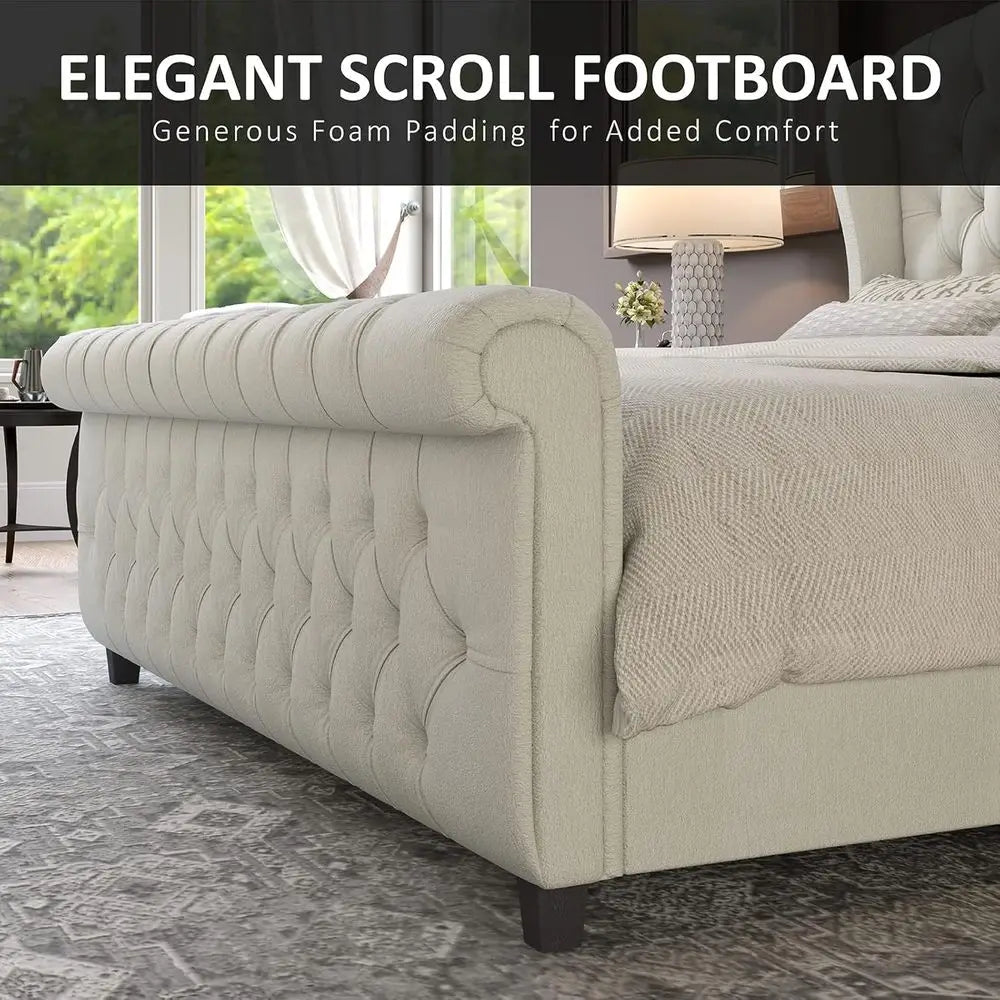 AMERLIE King Size Platorm Bed e, Chenille Upholstered Sleigh Bed with Scroll Wingback board & ootboard/Button Tuted/No Box Sprin
