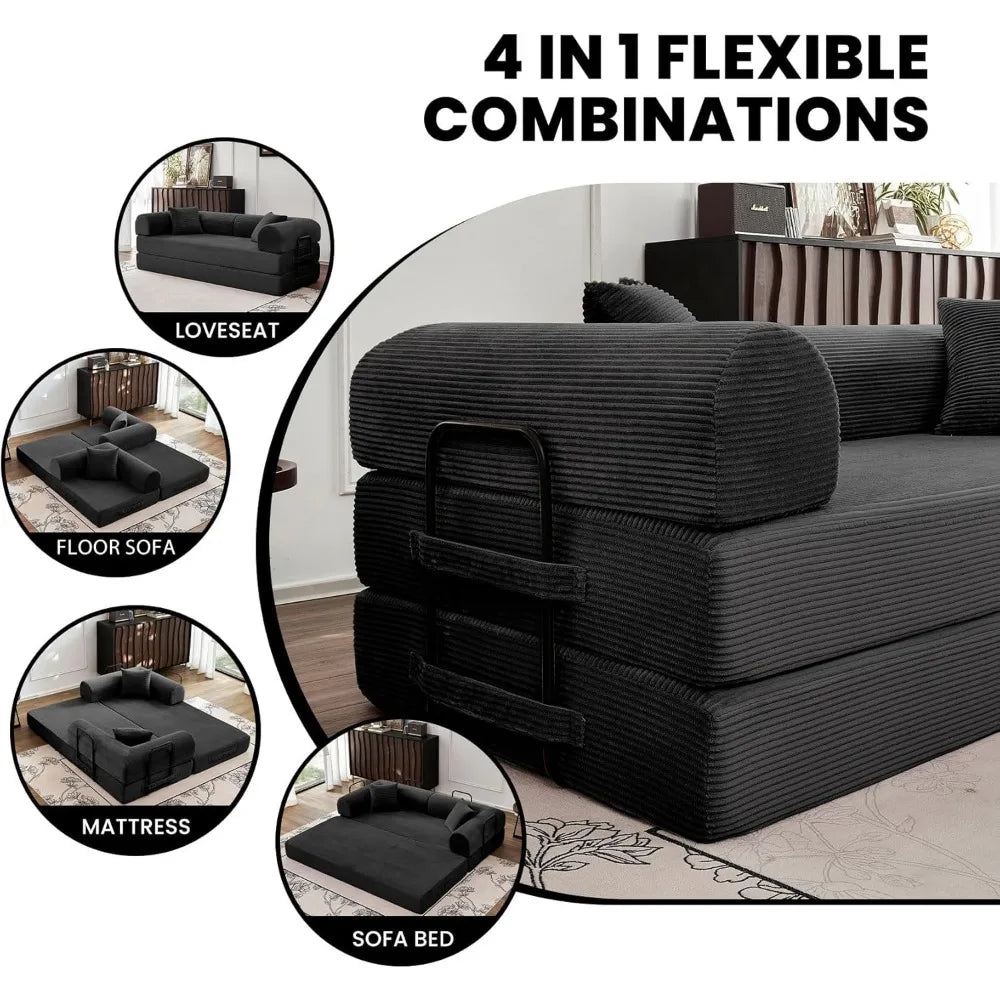 79 Inch Convertible Floor Sofa Bed 5 in 1 Fold Out Sleeper Modular Lounge Couch for Living Room Bedroom Black