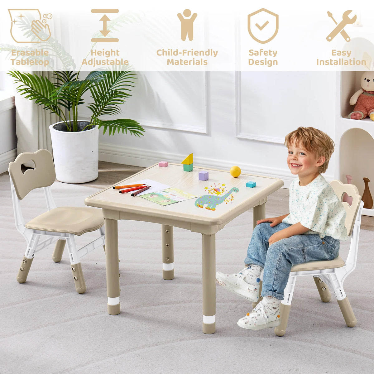 Adjustable Kids Table Set With Two Chairs For Montessori Art Learning