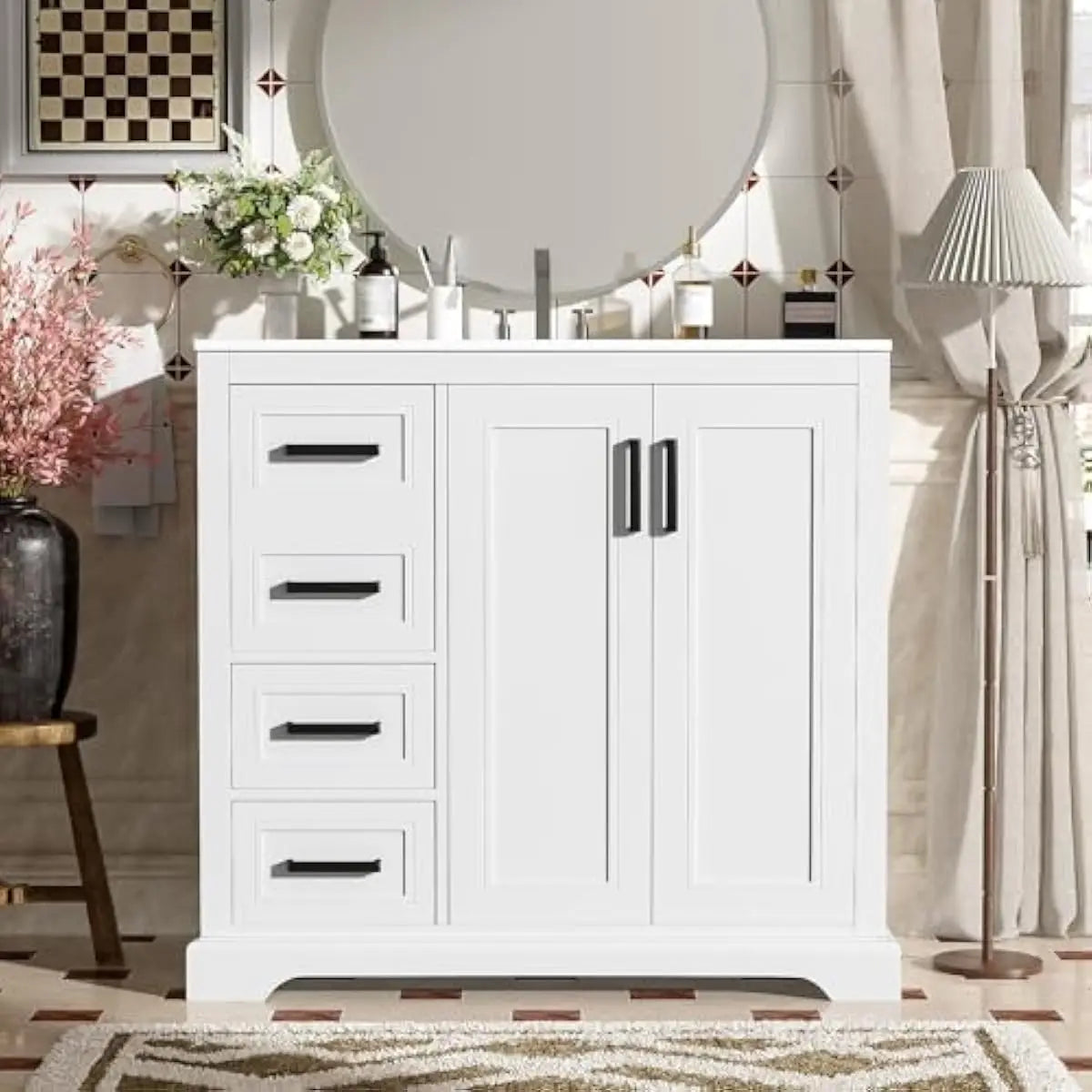 36 Inch Rectangular Bathroom Vanity with Integrated Ceramic Sink Overflow Protection Soft Close Cabinet Doors Three Tier Storage