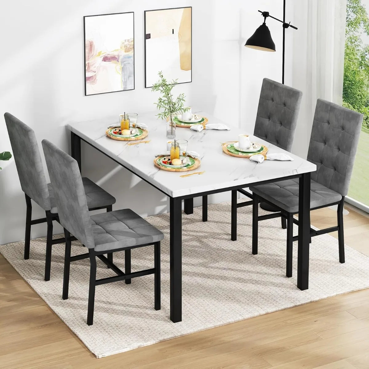 Dining Table Set For 4,Faux Marble Kitchen Table And Chairs Of 4, Modern Dining Room For 4,Dinner Table With Ve