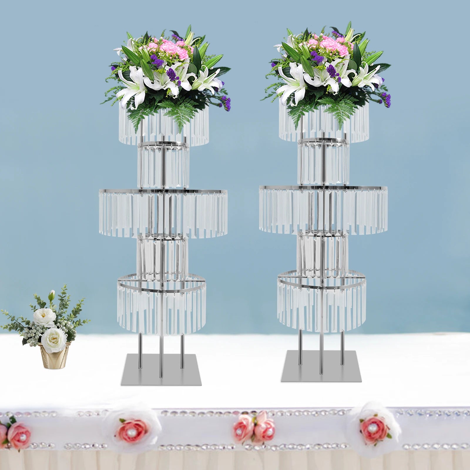2PCS 5-tier Crystal Flower Stand Wedding Centerpieces Crystal Vases Premium Display Shelf for Party Table Decor Gold/Silver