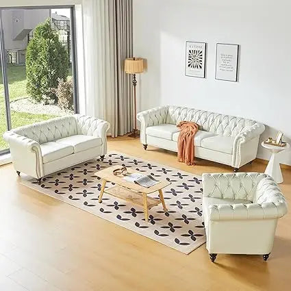3 Piece Living Room Set, Velvet Chesterfield Sofa Loveseat Couch Chair with Scroll Arms and Nailhead for Living Room, Office (Bl