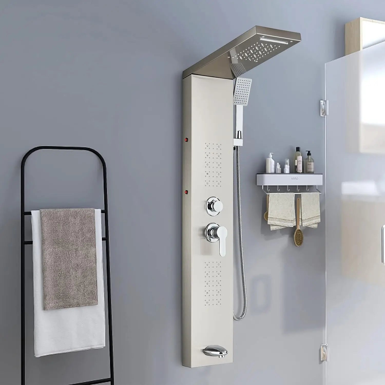 KEMAIDI Stainless Steel Shower Panel Tower System LED Shower Head 5-Function Faucet Rain Massage System with Body Jets Shower