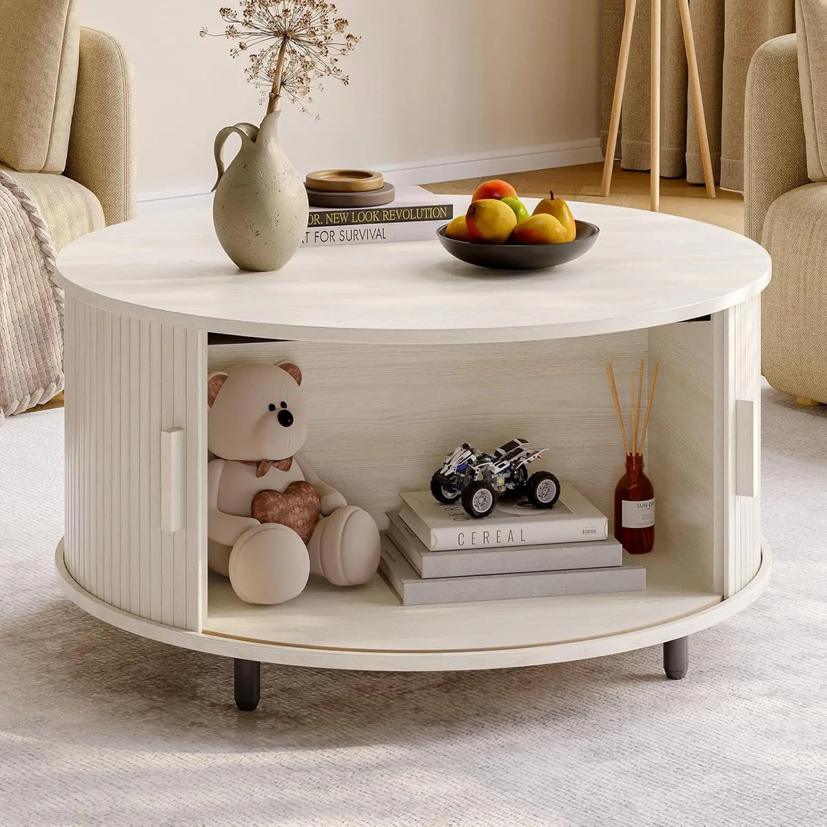 ONBRILL Modern Round Coffee Table With Storage And Sliding Door