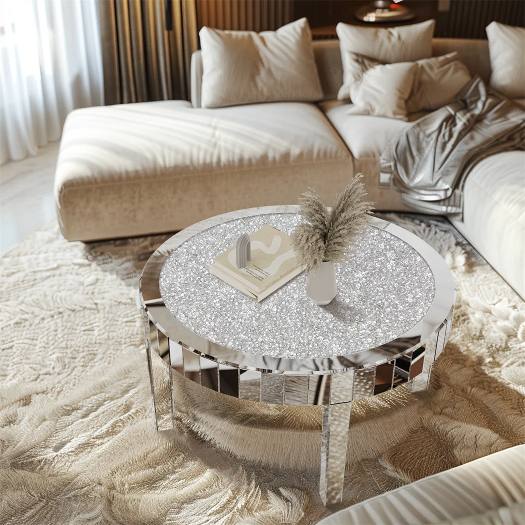 ARTLOGE Mirrored Glass Top Coffee Table With Diamond Accent