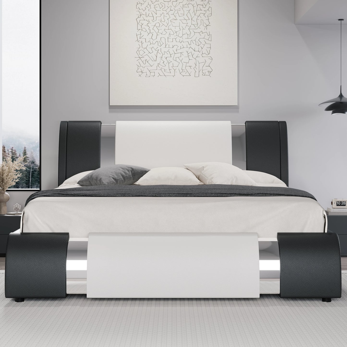 HOOMIC Modern Faux Leather Platform Bed Frame With Iron Accents