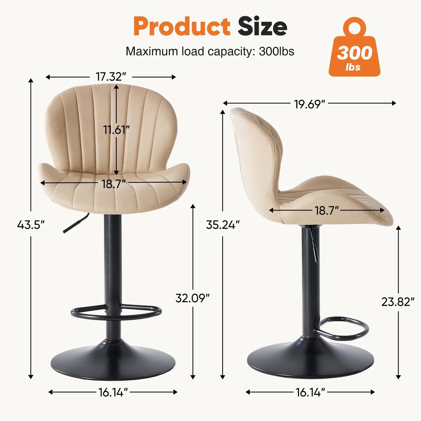 JHK Ergonomic Modern 360° Swivel Dining Chairs Set of 2 Adjustable Fabric Upholstered Kitchen Chairs with For Kitchen Island