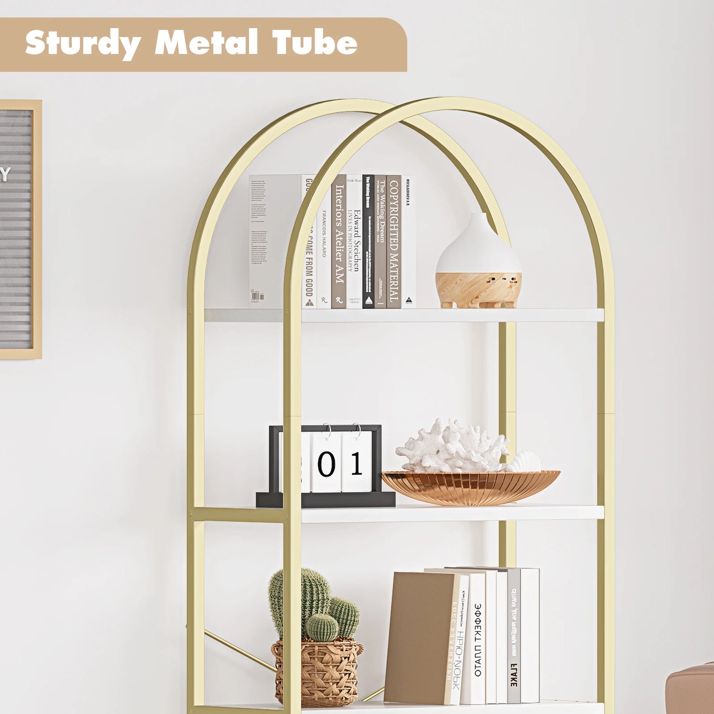 Five Tier Arched Display Bookshelf With Metal Frame