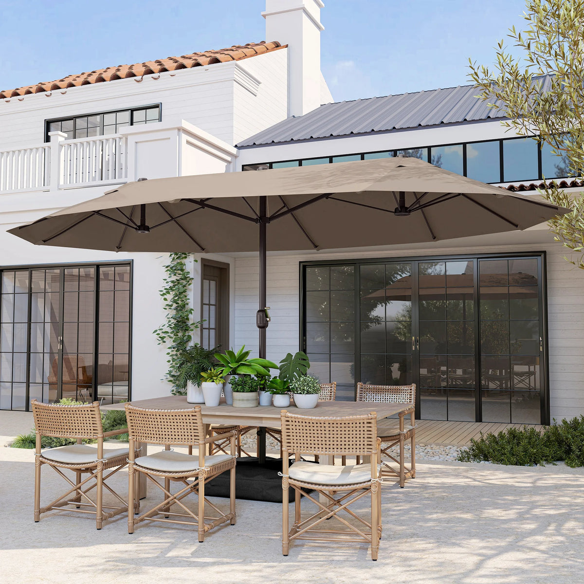 Outsunny Double Sided Rectangular Patio Umbrella with Crank and Base