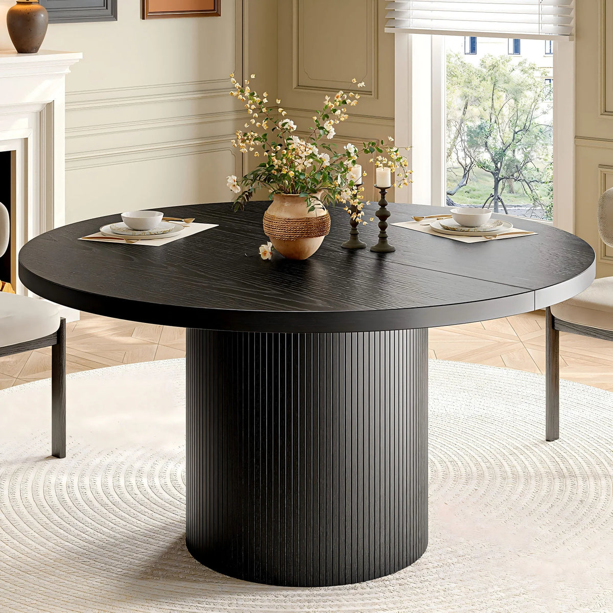 ONBRILL Modern Round Fluted Wood Dining Table for Home Furniture
