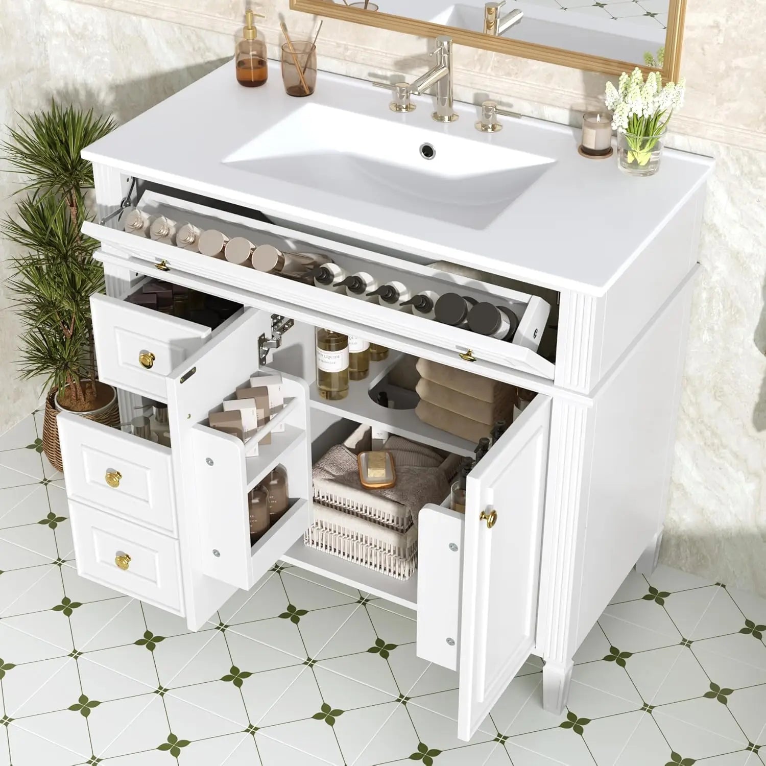 36" Free Standing Bathroom Vanity with Sink, Tip-Out Drawer & 3 Drawers & 2 Doors, Wood Cabinet with Ceramic Basin, Customized