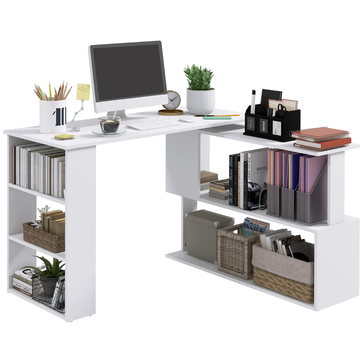 HOMCOM L Shaped Rotating Computer Desk with Storage Shelves