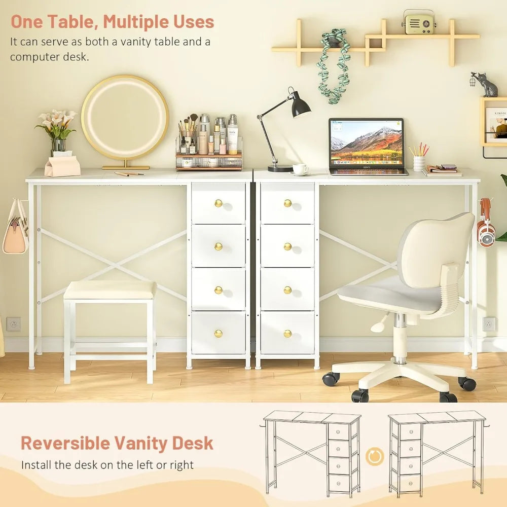 Vanity Desk With 4 Fabric Drawers For Kids Storage