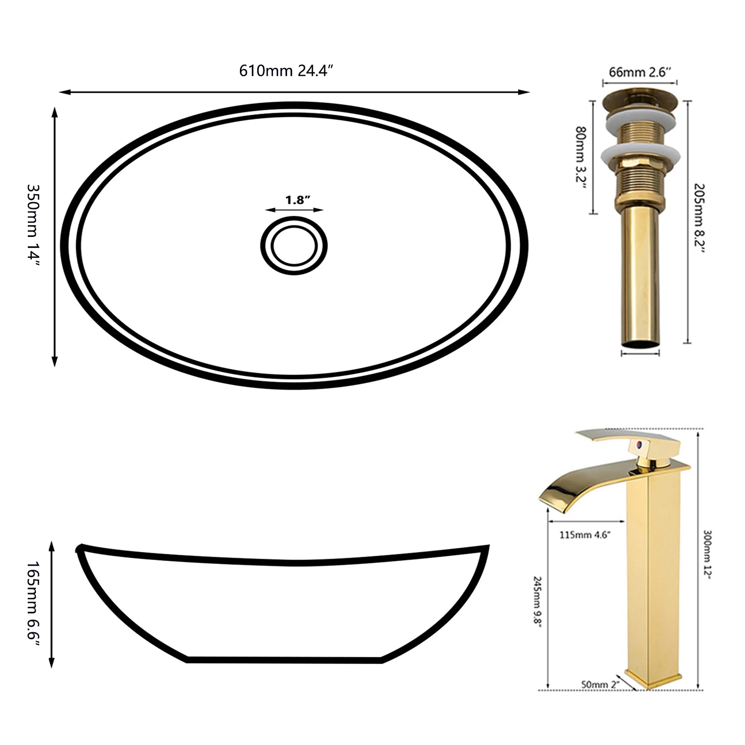KEMAIDI Big Gold Bathroom Vessel Sink Combos Faucet And Drain Set 24x14 Inch Oval Ceramic Basin Bowl Above Counter Bowl Sinks