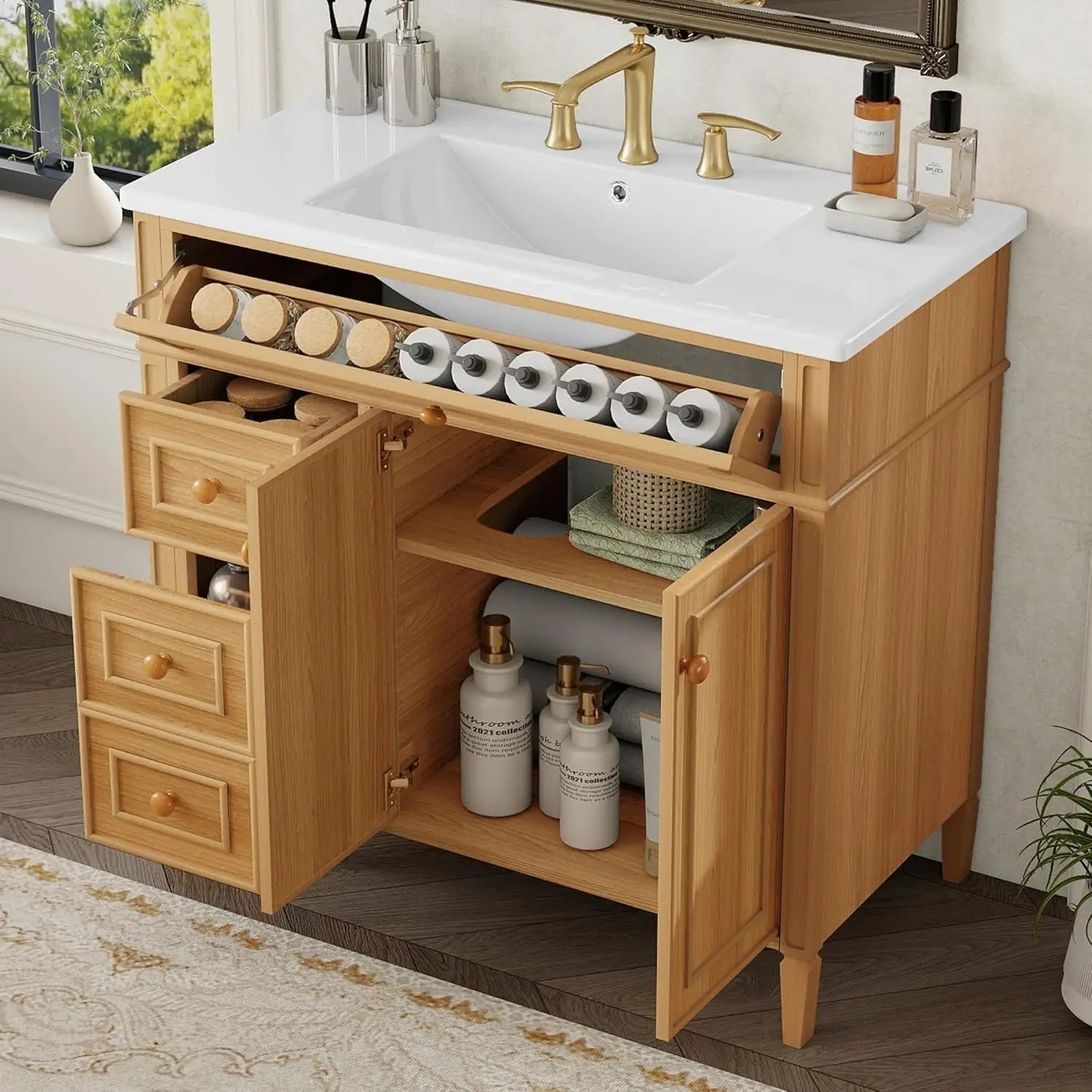 36" Free Standing Bathroom Vanity with Sink, Tip-Out Drawer & 3 Drawers & 2 Doors, Wood Cabinet with Ceramic Basin, Customized