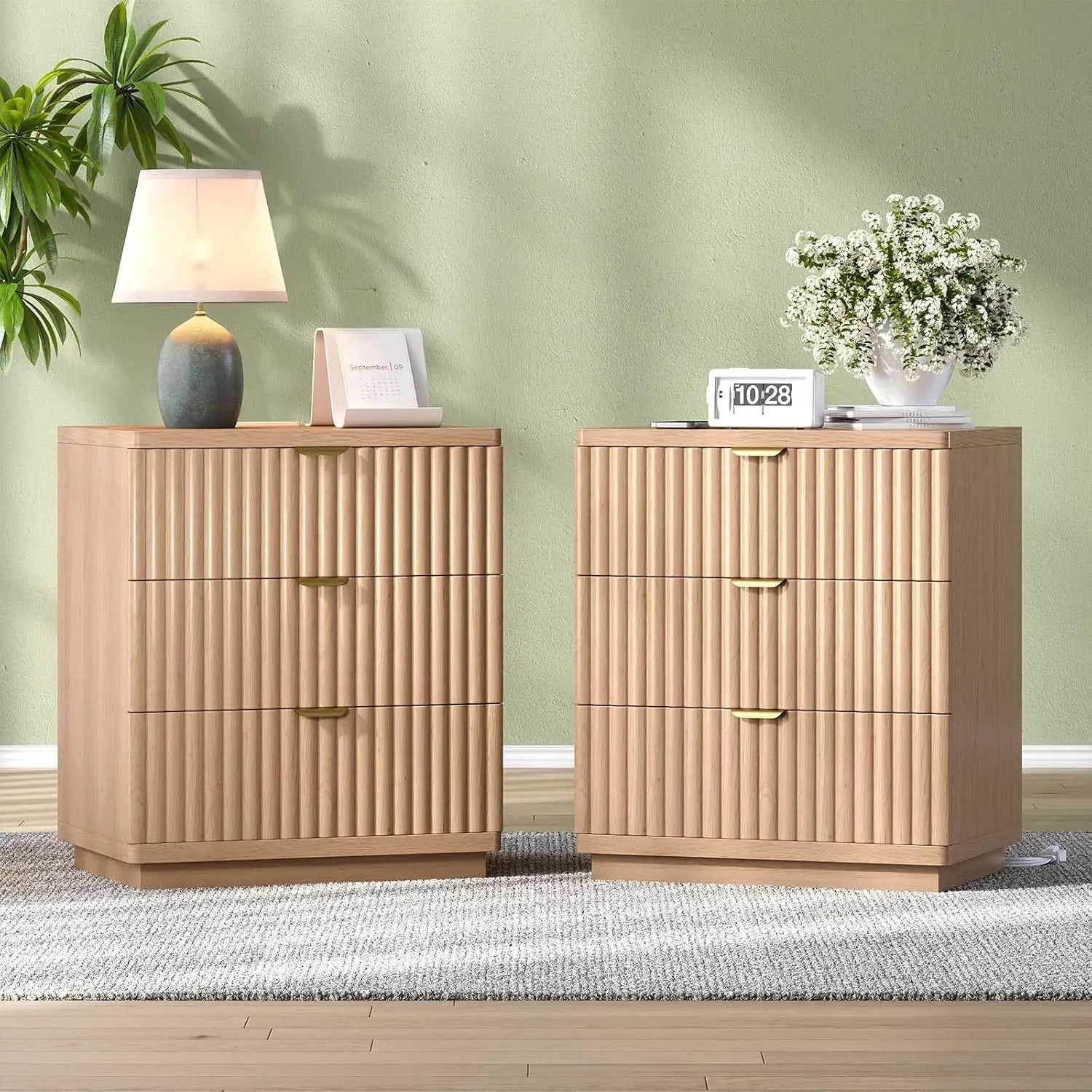 3 Drawer Charging Bedside Table Large Fluted Modern Bedroom End Table Set Of 2, Customized