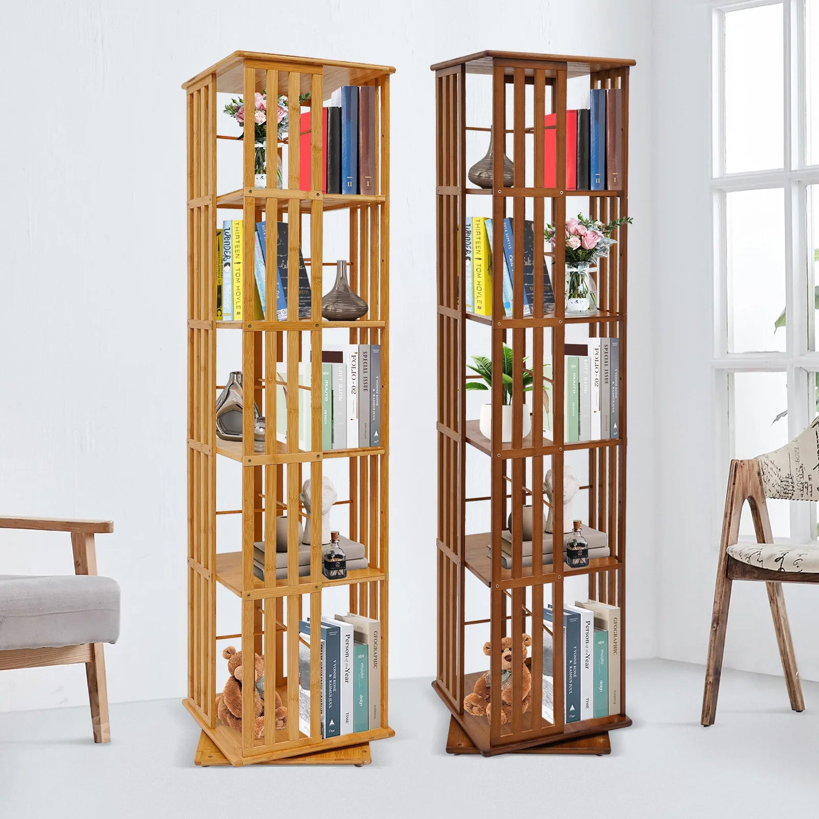 5-Tier Bamboo Rotating Bookcase,Tan/Wood Color Rectangular Rotating Bookshelf Floor-Mounted 37*37*150cm for Study Rooms,Bedrooms