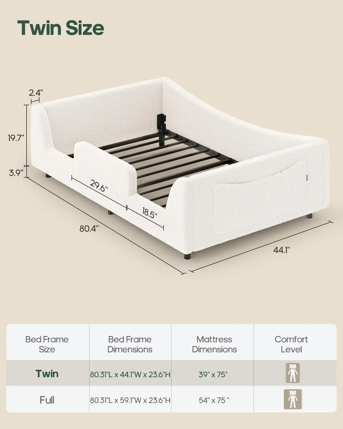 Twin Low Floor Bed Teddy Upholstered Curved Slats High Rails Kids No Box Spring Beige,Customized