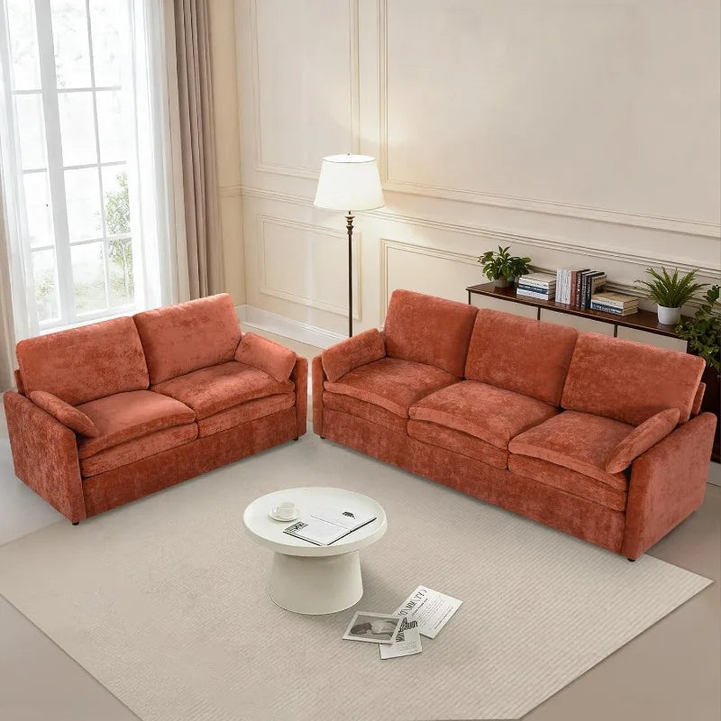 2 Pieces Chenille Couch Set with Well-Filled Pillows, Modern 3 Seats and 2 Seats Sofa with Soft Backrests, Classic Upholstered S