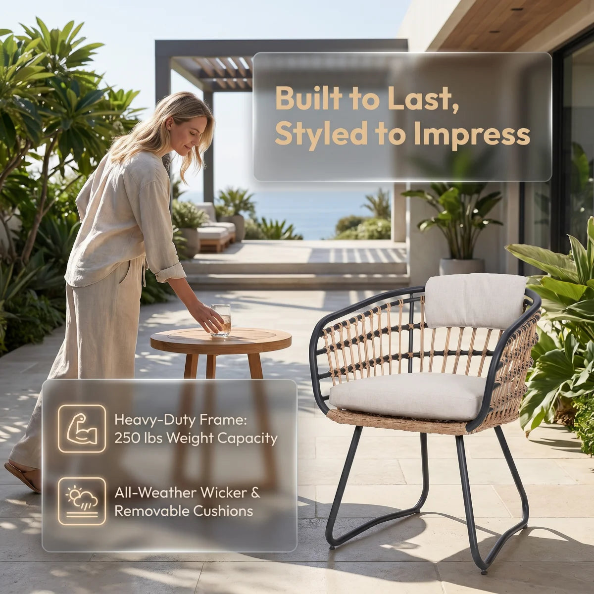 Outdoor Wicker Dining Chairs Set of 2, Patio Dining Chairs with Cushions, Rattan Dining Armchairs for Lawn, Garden, Poolside, Backyard, Porch, Beige RR