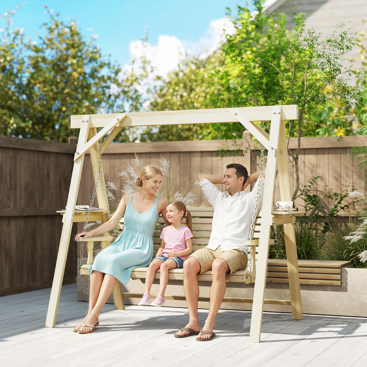 Outsunny 3-Seater Patio Swing with Stand and Side Table, Natural Wood