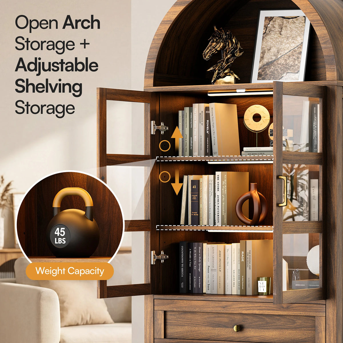 Cottinch Arched Wood Cabinet With Adjustable Shelves and LED Lighting