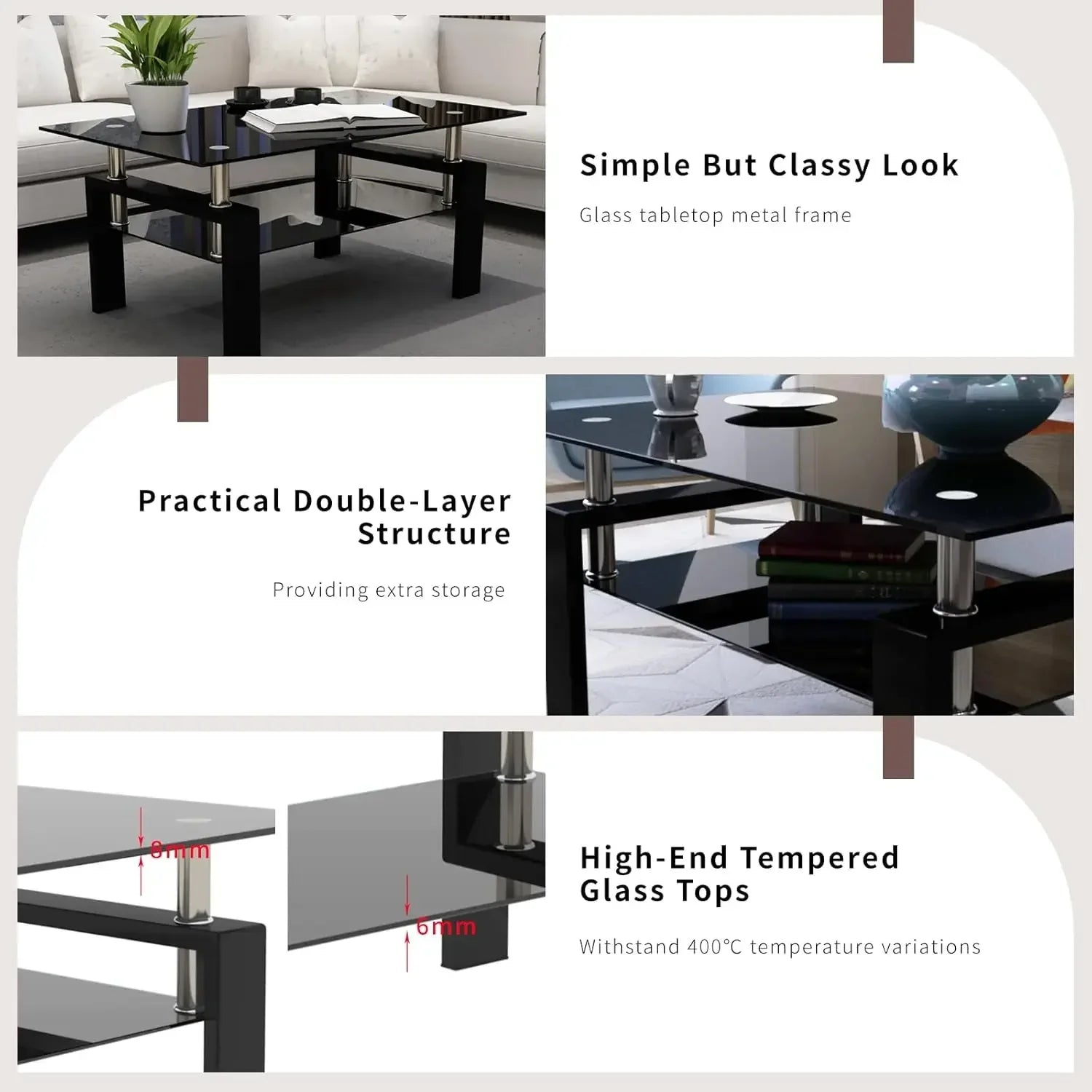 Limited timeBestsellerBlack Glass Coffee Table Set of 3 Piece, Living Room Tables Set of 3 Pcs, Including 1 Coffee Table and 2 E