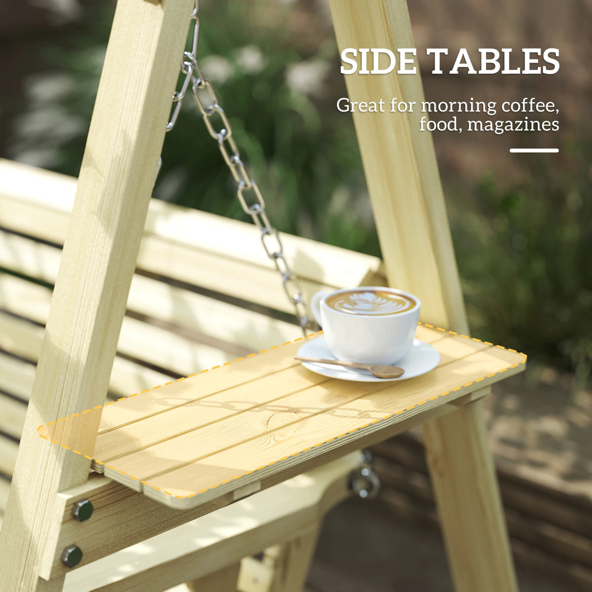 Outsunny 3-Seater Patio Swing with Stand and Side Table, Natural Wood