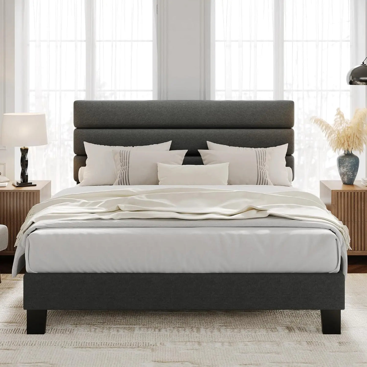 HiMISS Upholstered Platform Bed With Adjustable Headboard And Wooden Slats