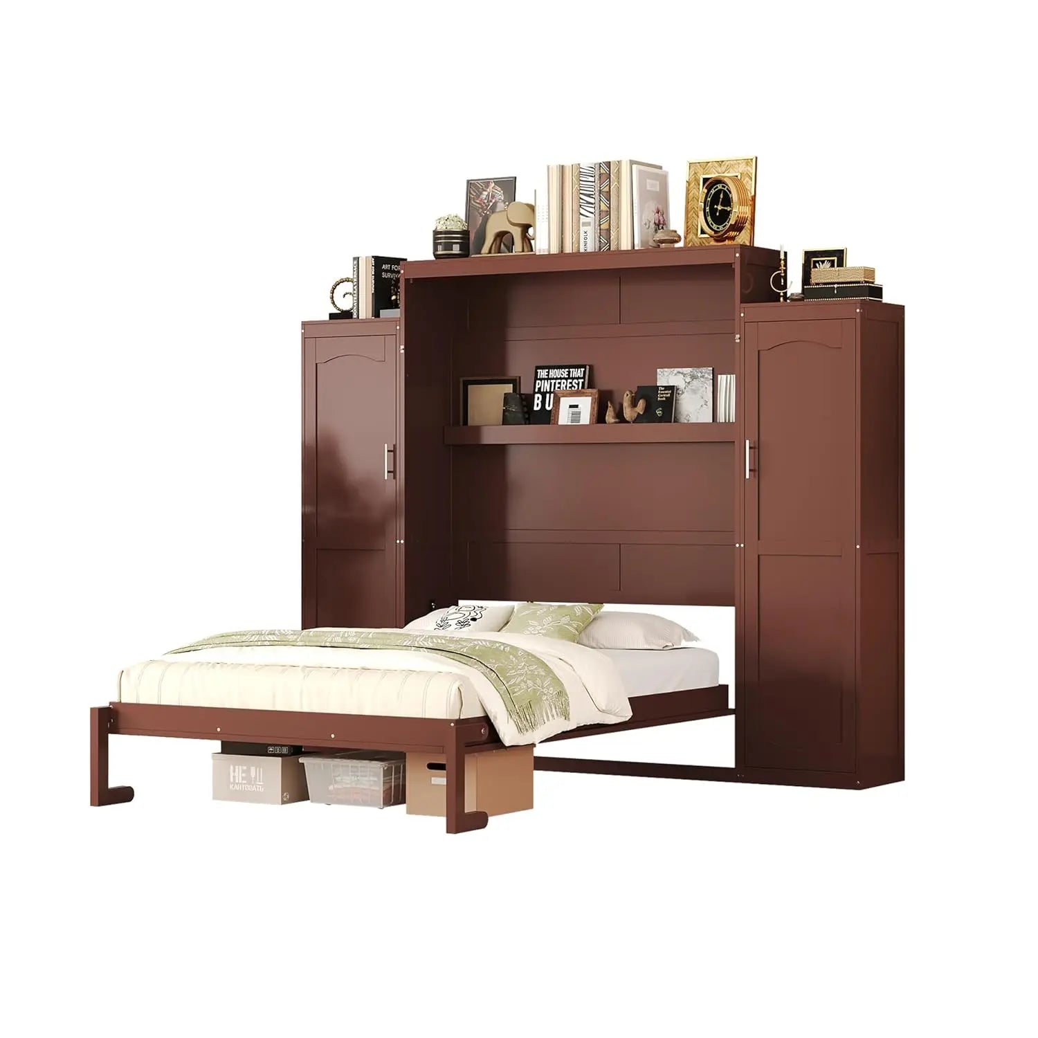 Queen Murphy Bed Wood Wall Bed with 2 Closets & Storage Shelf Foldable Platform Frame for Guest Room Bedroom Walnut, Customized