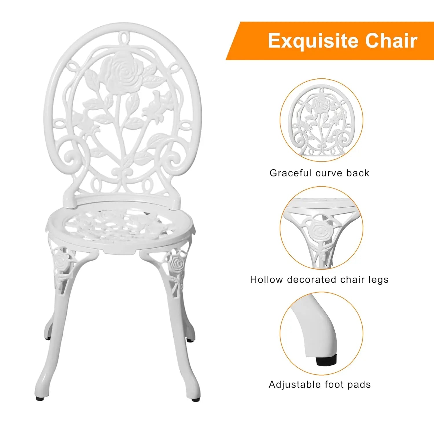 3pc Cast Aluminum Bistro Set, Rose Pattern Outdoor Garden Balcony, Rust & All-Weather Resistant, White, Customized