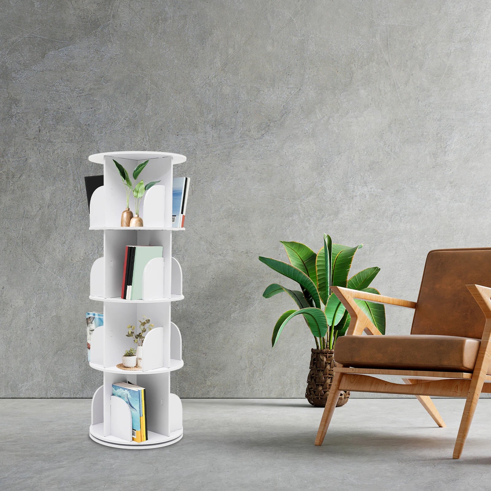 Bookcase w/ 360° Rotating Design, Steel Ball Bearing for Silent and Smooth Rotation, Multi-Layer Stacking Shelf for Easy
