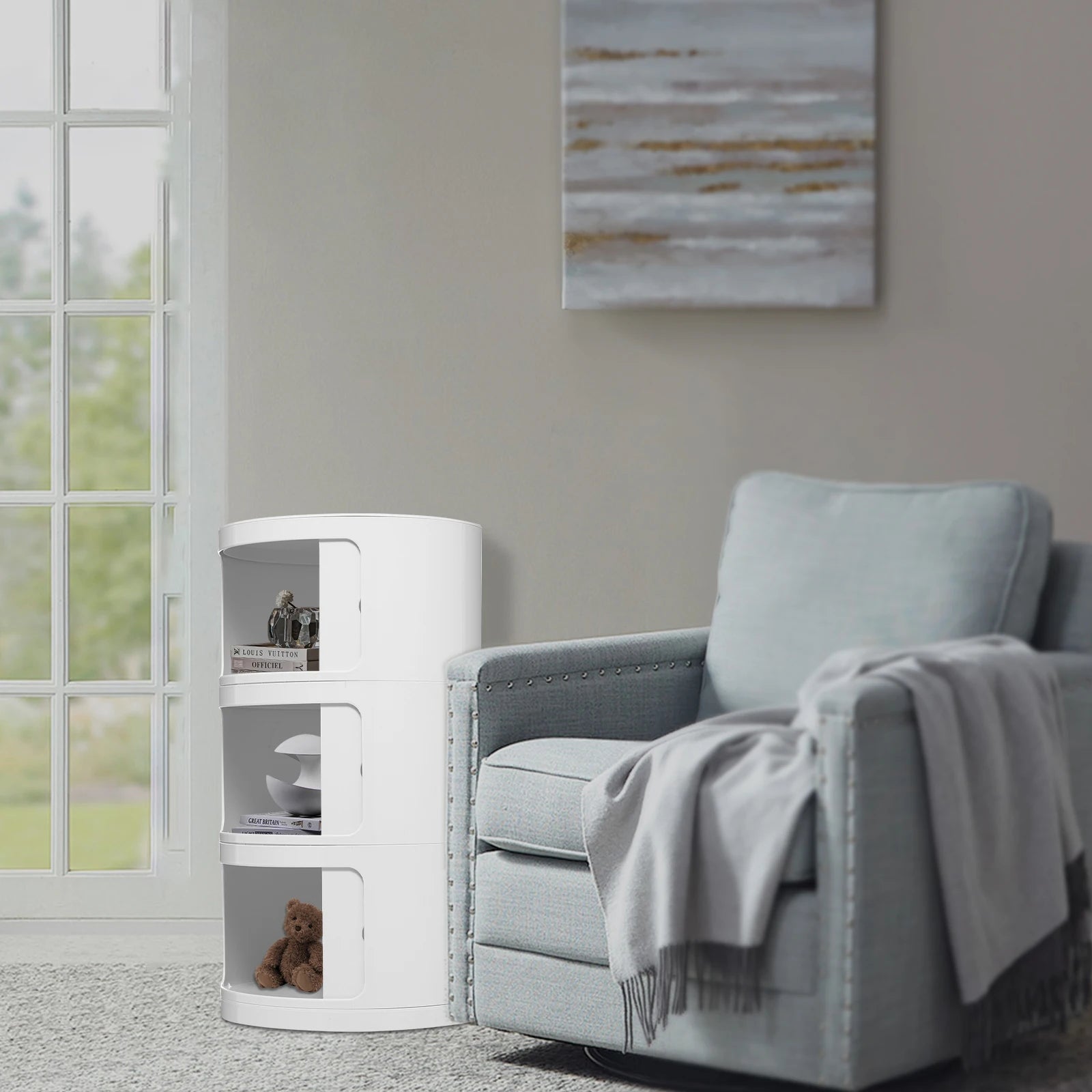 3 Layers Round Bedside Cabinet with 3 Drawers Cabinet with Storage - Round End Table Nightstand for Bedroom Living Room White