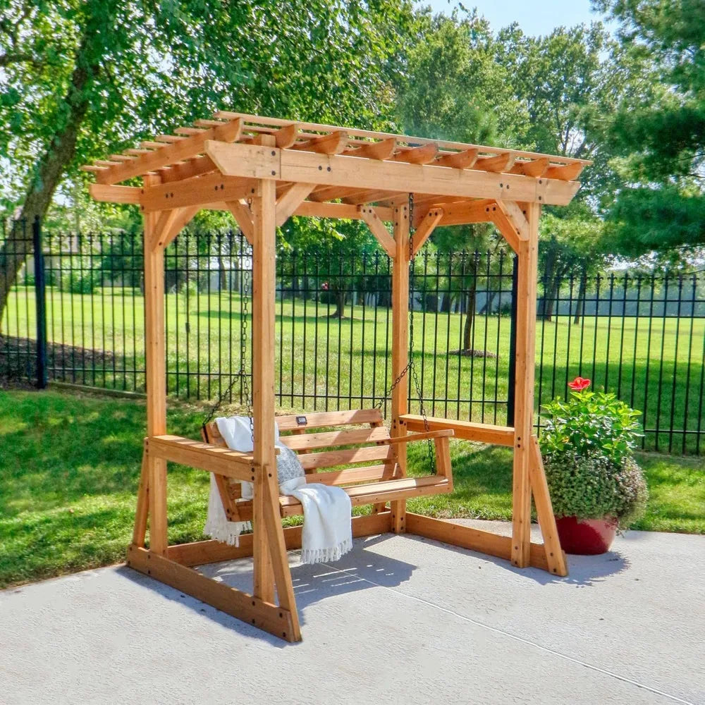 Backyard 8' x 5' Cedar Wood Outdoor Patio Pergola Swing Bench with Trellis, Two-Person Seating, Chains, Water