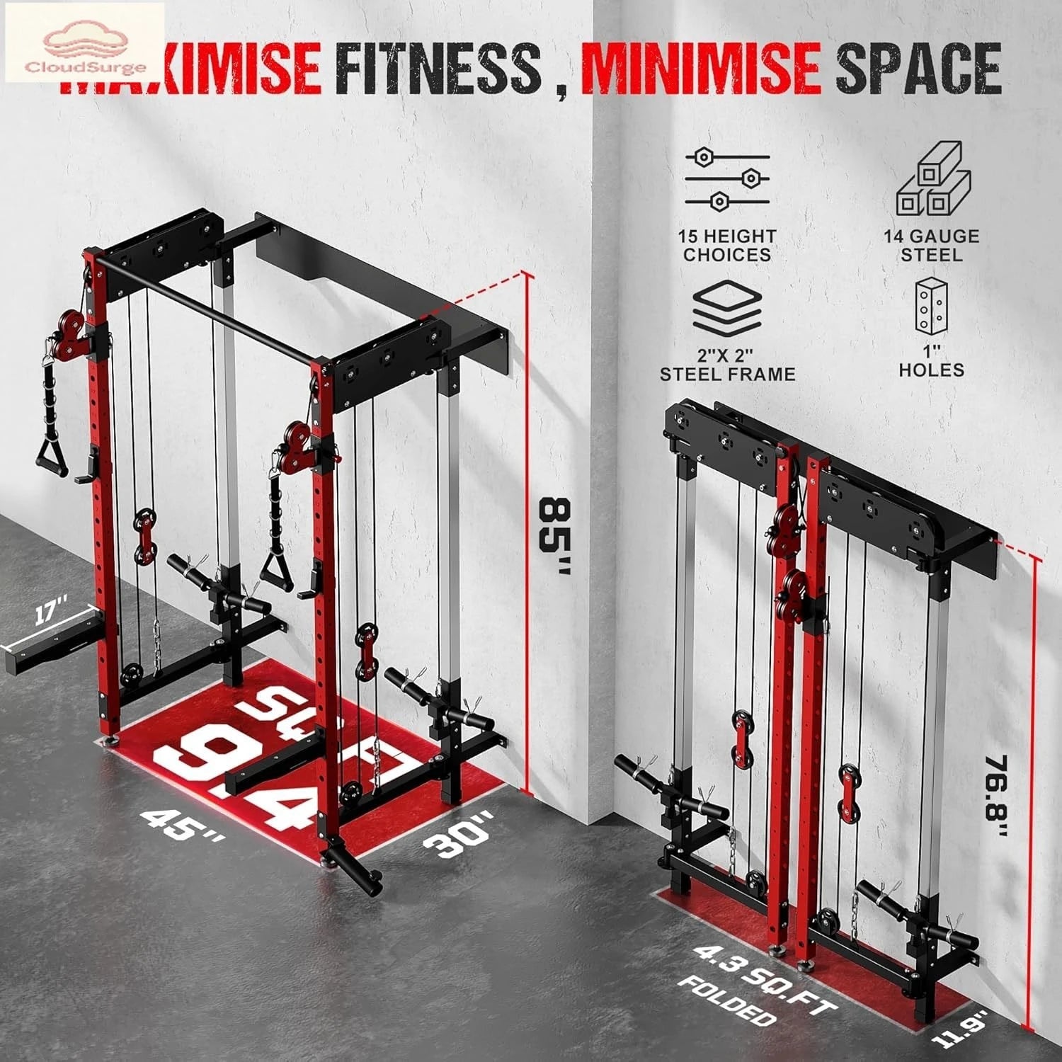 WM3-V4 Folding Squat Rack, Wall Mounted Power Rack with Dual Independent Pulley System