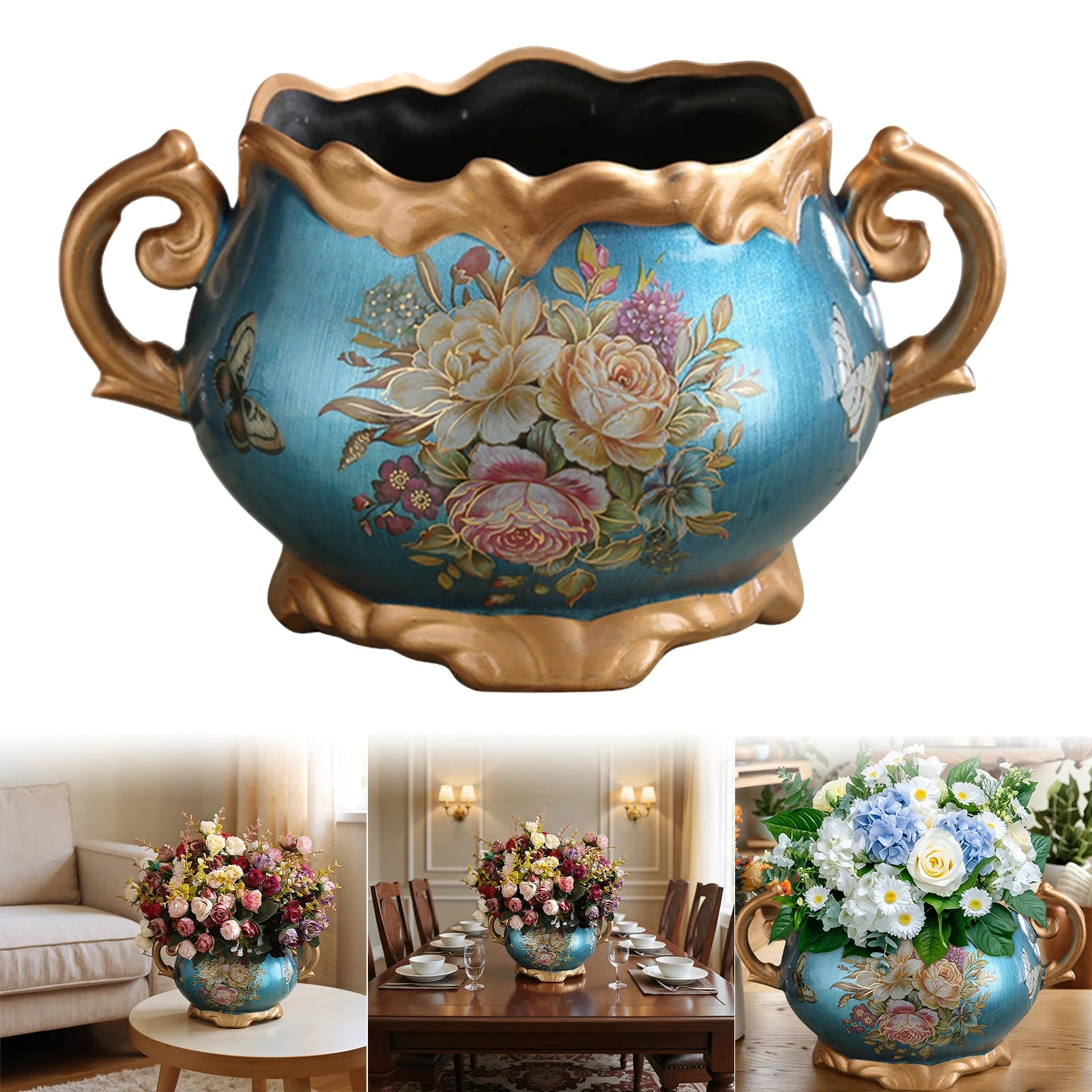 Europe Retro Ceramic Vase with Handle for Home Bedroom Living Room Decor (blue)