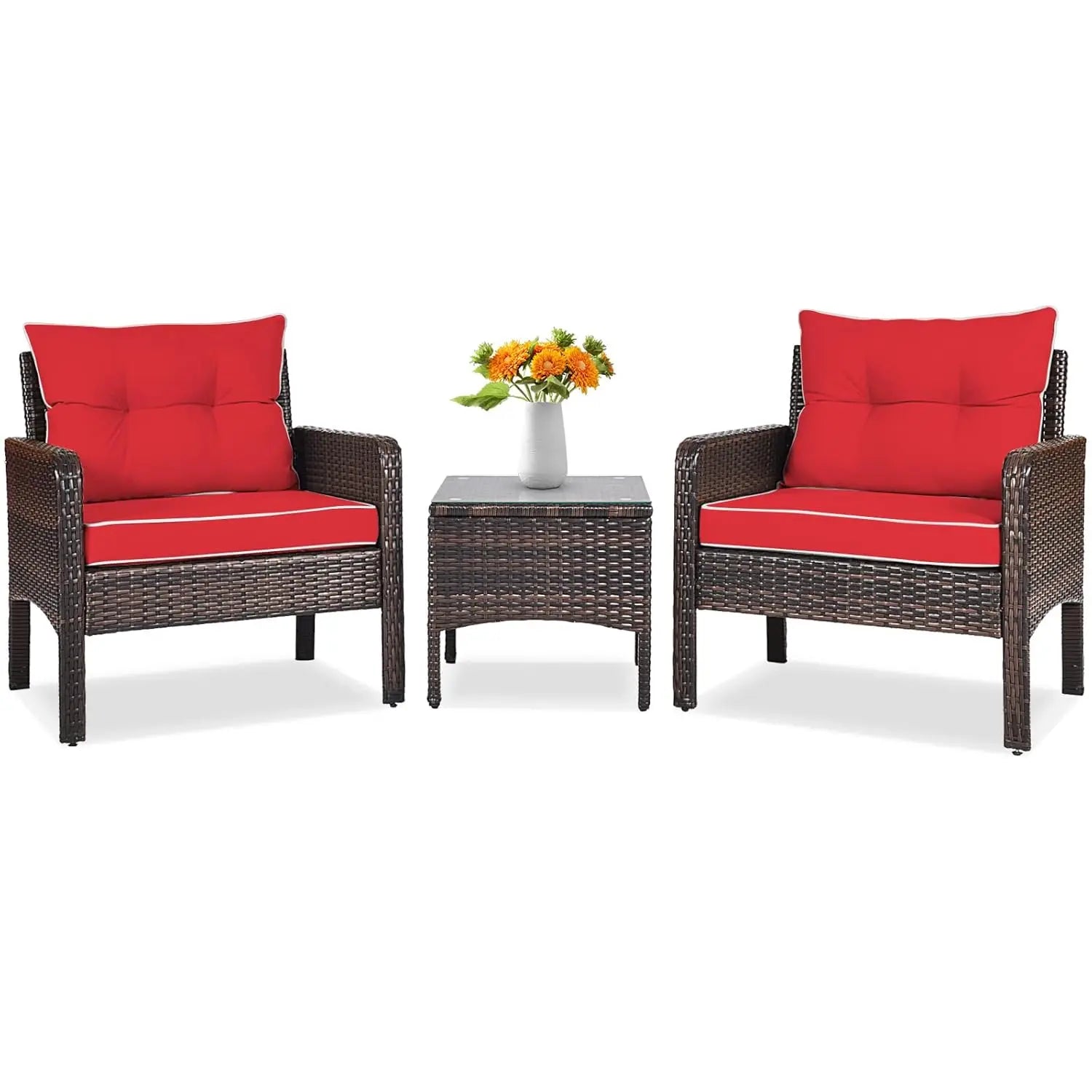 3 Piece Outdoor Patio Furniture Set, Wicker Chairs Set with Glass Top Coffee Table, Thick Cushions, All Weather, Customized