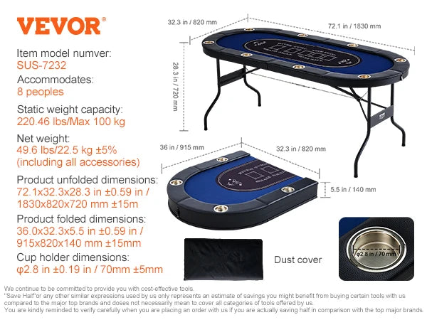 SucceBuy Foldable Poker Table with Padded Rails and Cup Holders