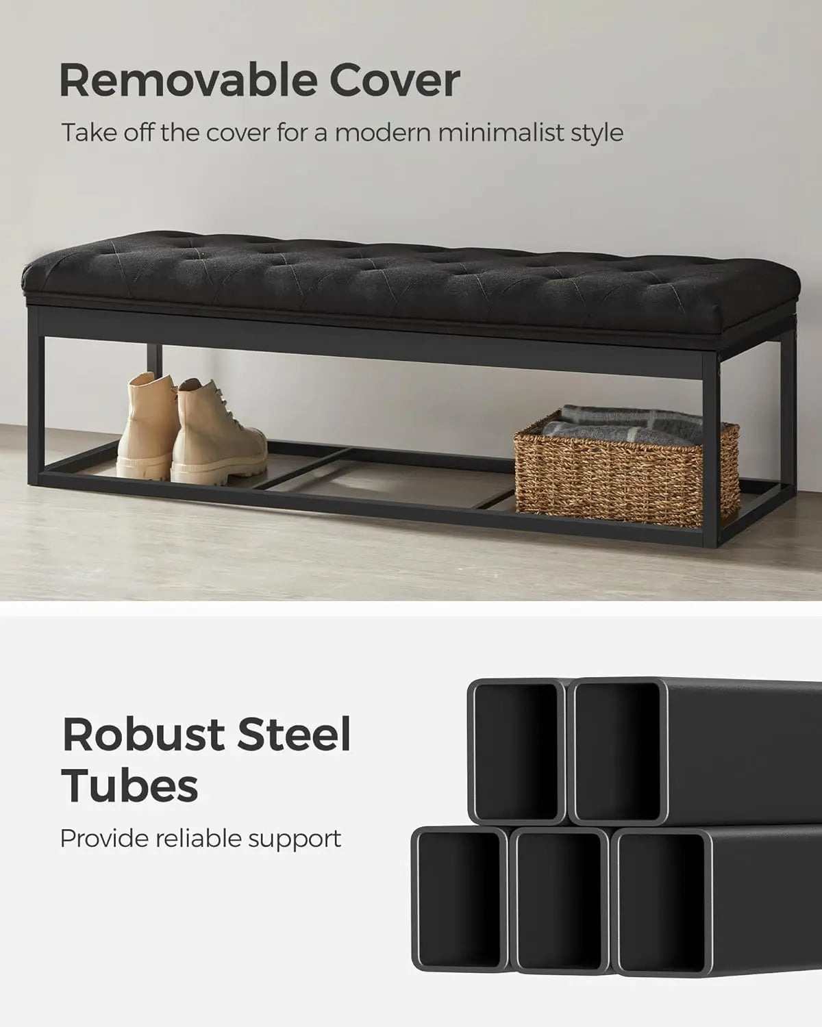 Storage Ottoman Bench with Legs, 15.7x43.3x15.7 Inches, End of Bed Bench, Holds 660 lb for Living Room Bedroom Entryway in Black