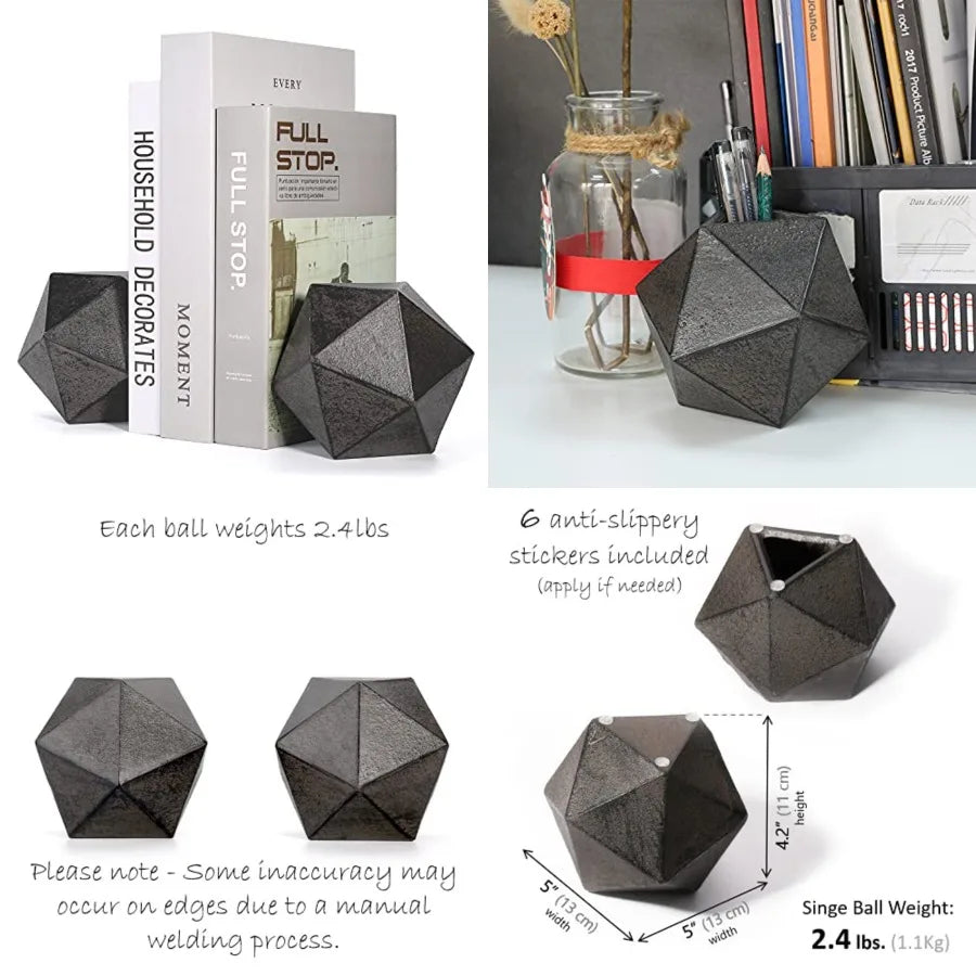 Geometric Decorative Ball Shaped Bookends Modern Cast Iron Black Bookends for Office Desk Book Shelf Room Decor Home Office Boo