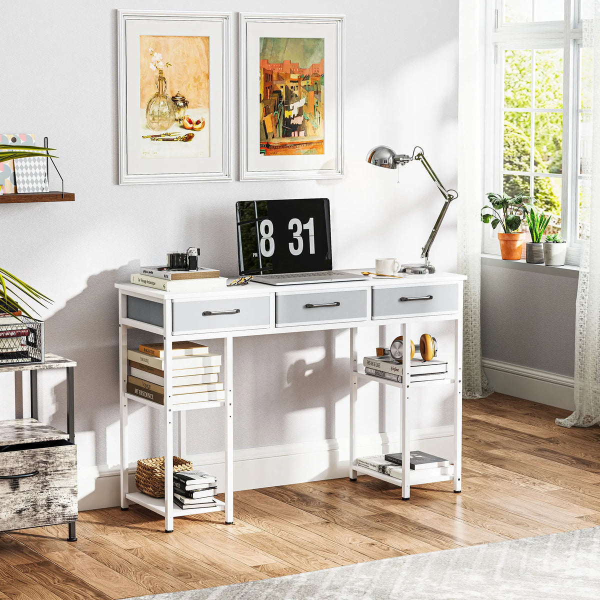 Computer Desk With Three Fabric Drawers And Adjustable Storage Shelves